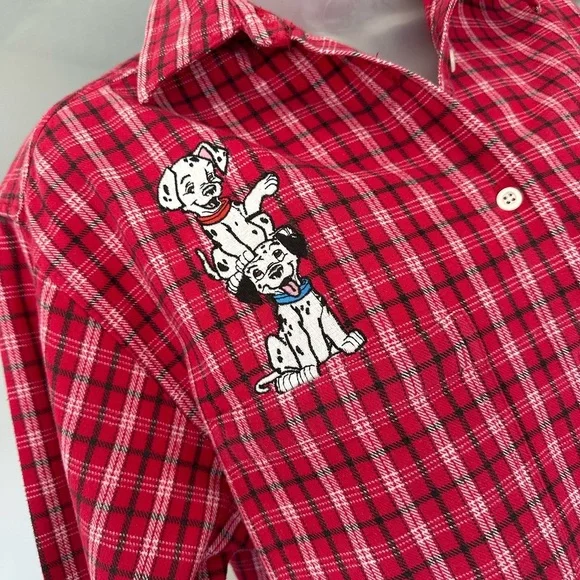 Disney 101 Dalmatians 100% Cotton Adorable Embroidered Red Flannel, Size M - Picture 1 of 9